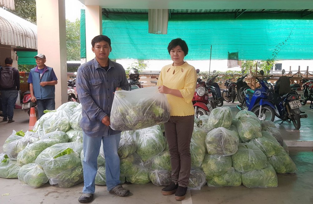 กิจกรรมแจกผักฟรีให้กับประชาชนในเขตพื้นที่ ได้การสนับสนุนจาก บริษัทปลูกผักเพราะรักแม่ (โอ๋ก่ะจู๋)