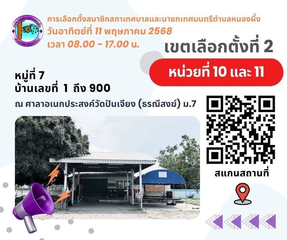 ประชาสัมพันธ์ แผนที่แสดงจุดเลือกตั้งสมาชิกสภาเทศบาลและนายกเทศมนตรีตำบลหนองผึ้ง